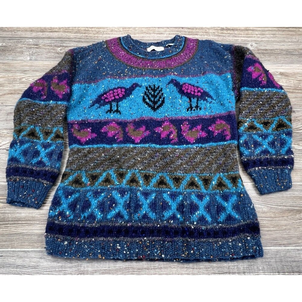 VTG 90s Segrets Sun Prints Women's Wool Bird Speckled‎ Chunky Knit Sweater Sz L